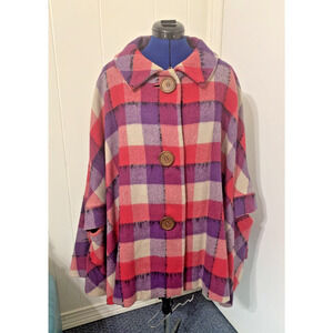 Vintage Plaid Pink Purple Wool Blend One Size Big Buttons Poncho Cape Holidays